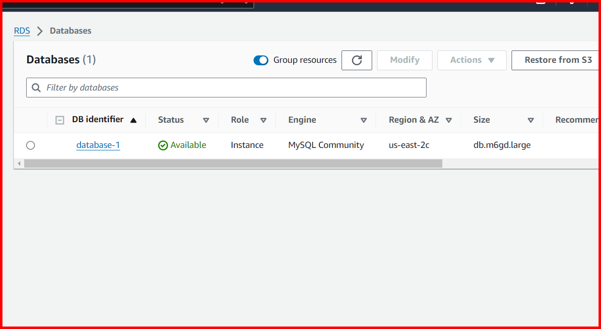 Picture showing the RDS instance created using snapshot